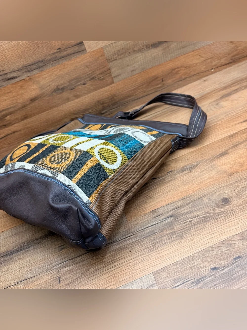 Saya Studio Multicolor Geometric Canvas Messenger Bag with Teal and Brown